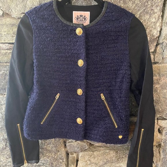 GIRLS JUICY COUTURE BOUCLE WOOL-BLEND JACKET SZ 10 NAVY/BLACK WITH GOLD DETAIL - Picture 13 of 16